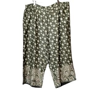 Islander Women's Sz 24W Green Tropical Paisley Cropped Pants Green Elastic Waist
